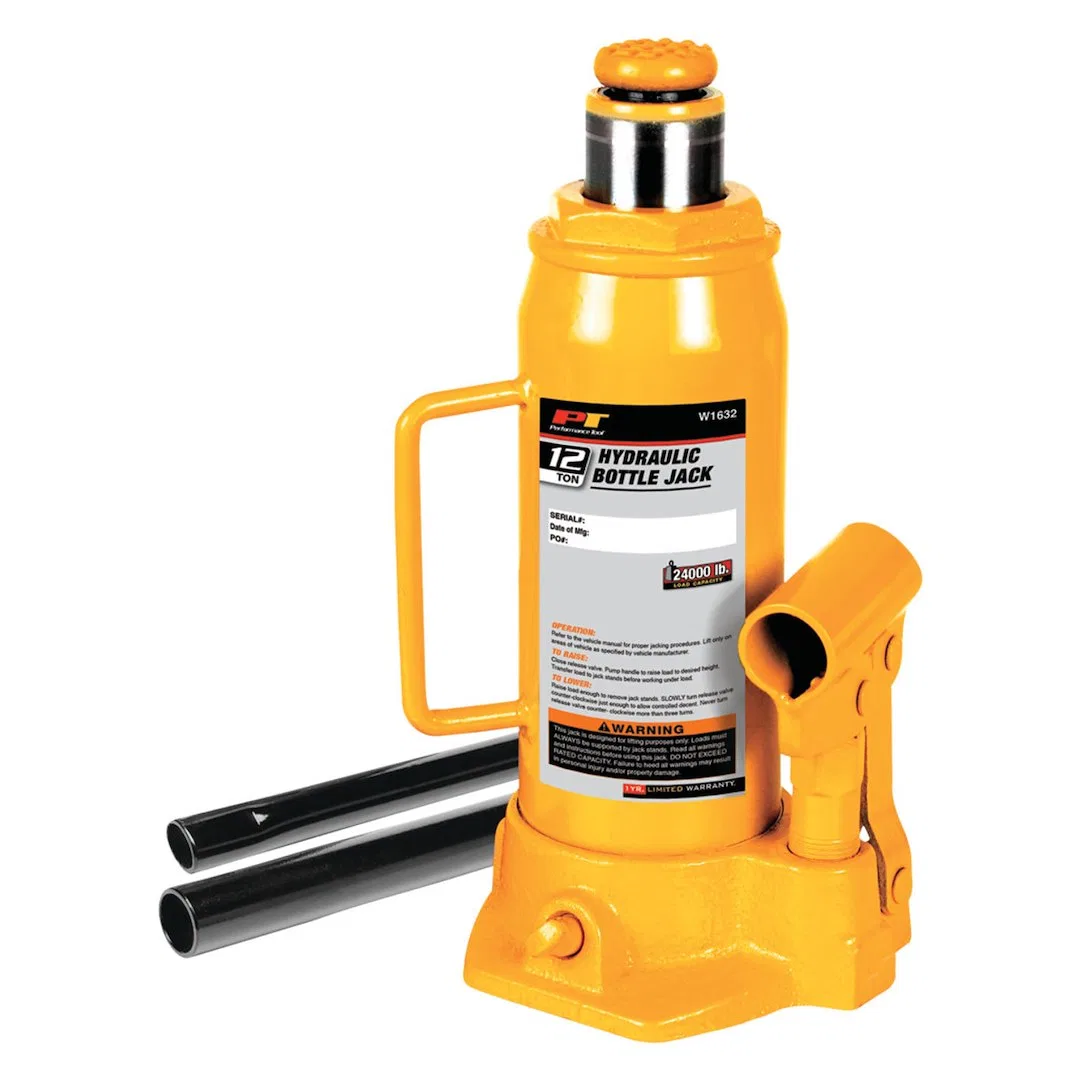 W1632 – PERFORM TOOL Jack, Bottle Jack Hydraulic 12 Ton Capacity 9-1/4 To 18-1/2 Inch Lift Height Yellow